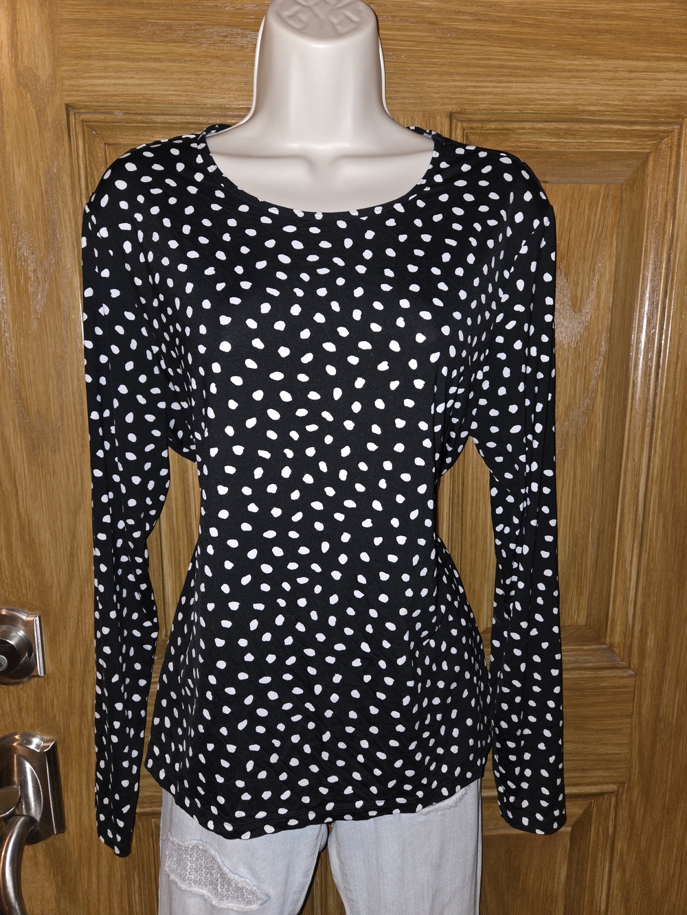 Lands' End Black Long Sleeve Tee with‎ White Dot Print